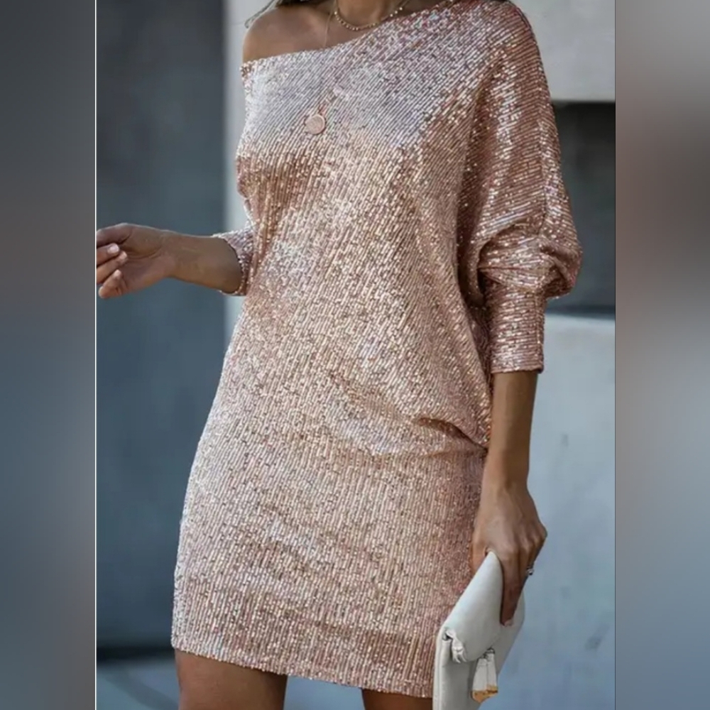 NWOT Sequin Batwing Oblique Shoulder Dress